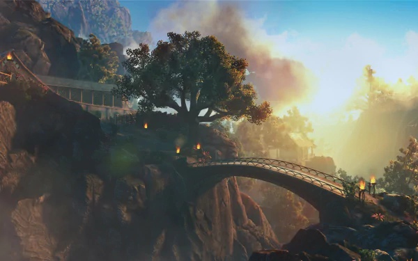 HD PC desktop wallpaper from the video game Dark and Light, featuring a scenic bridge over a canyon with lush trees and a glowing sunset sky.
