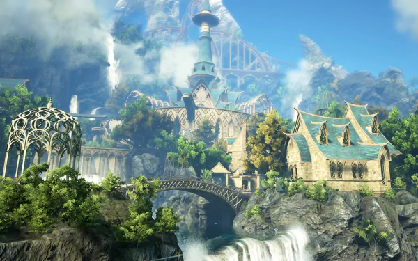 HD PC desktop wallpaper from the video game Dark and Light, depicting a fantasy landscape with castles, waterfalls, and lush greenery under a bright blue sky.