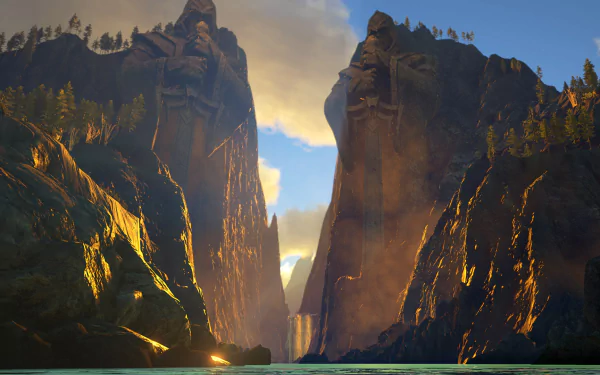 HD PC desktop wallpaper featuring a dramatic canyon landscape from the video game Dark and Light, highlighting contrasting shadows and glowing light between towering cliffs.