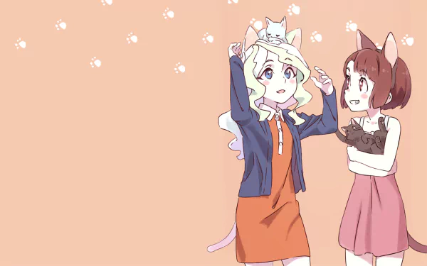 Anime-style image of Akko Kagari and Diana Cavendish from Little Witch Academia, both depicted as cat girls. Diana has a small white cat on her head. The background is a HD wallpaper.