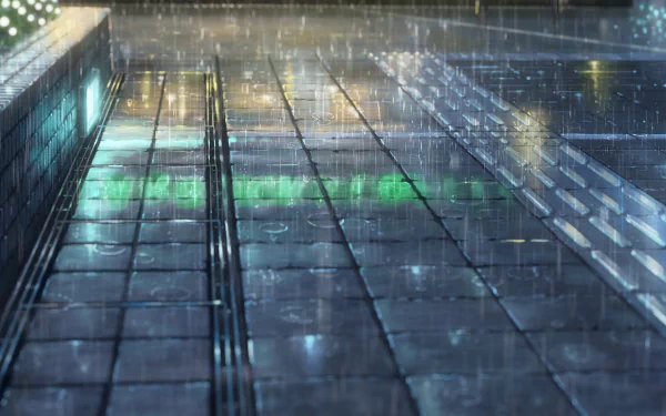 4K Ultra HD anime-style wallpaper showcasing raindrops falling onto a reflective puddle on a tiled surface, inspired by Your Name. with a serene rain atmosphere.