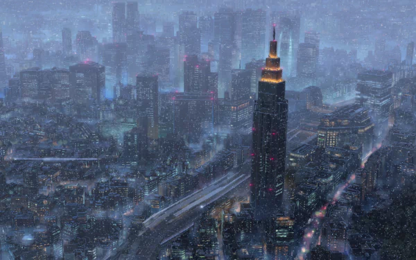 HD desktop wallpaper depicting a snowy night in Tokyo from the anime “Your Name.”, showcasing a beautifully detailed cityscape with illuminated buildings and streets blanketed in snowfall.