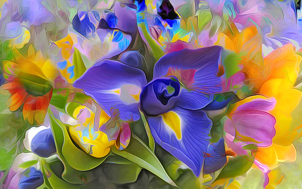 A vibrant, artistic painting of colorful iris and other flowers, designed as an HD PC desktop wallpaper and background.