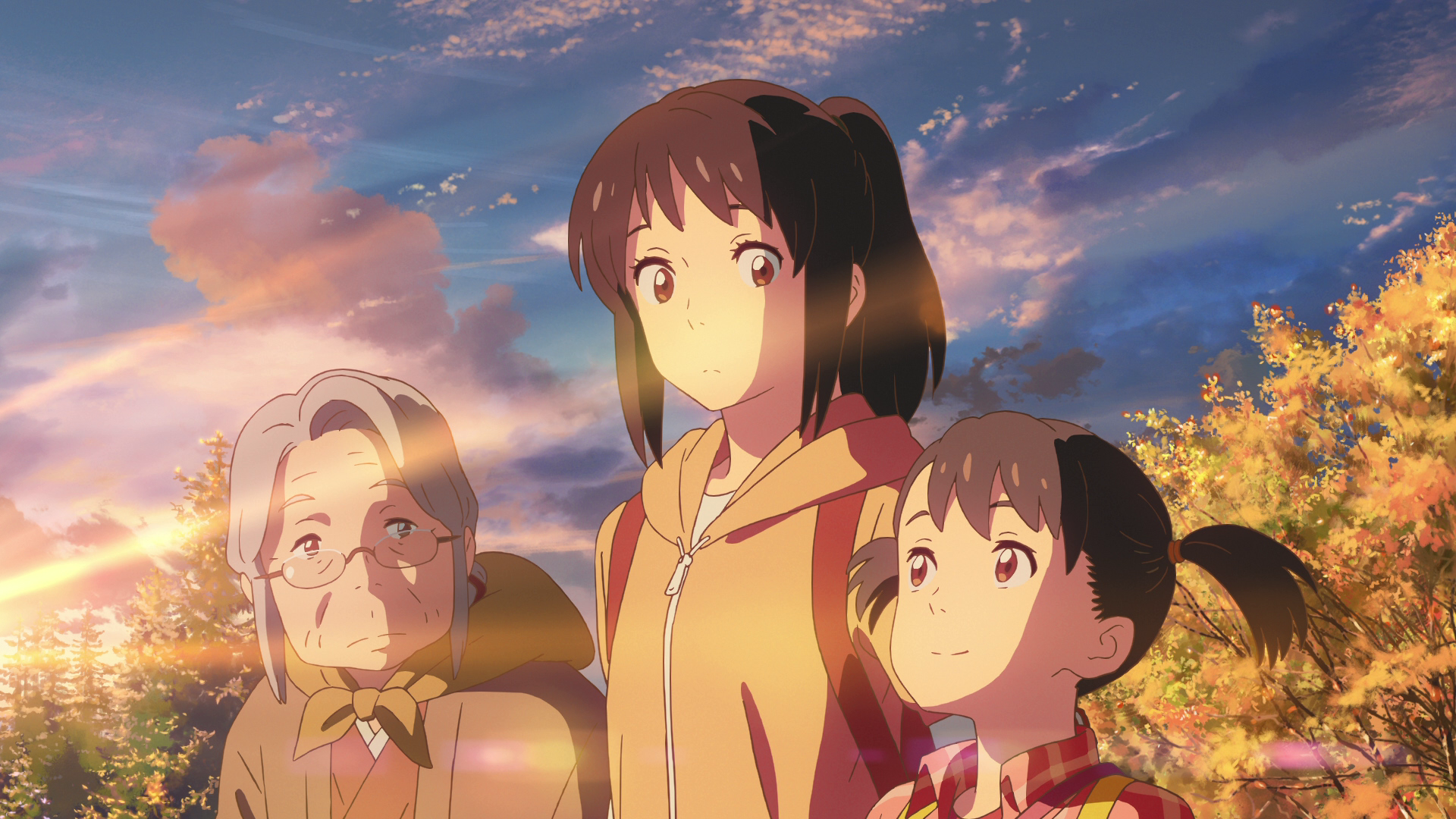 HD anime wallpaper featuring Yotsuha, Hitoha, and Mitsuha Miyamizu from Your Name. standing together against a vibrant sunset sky backdrop.