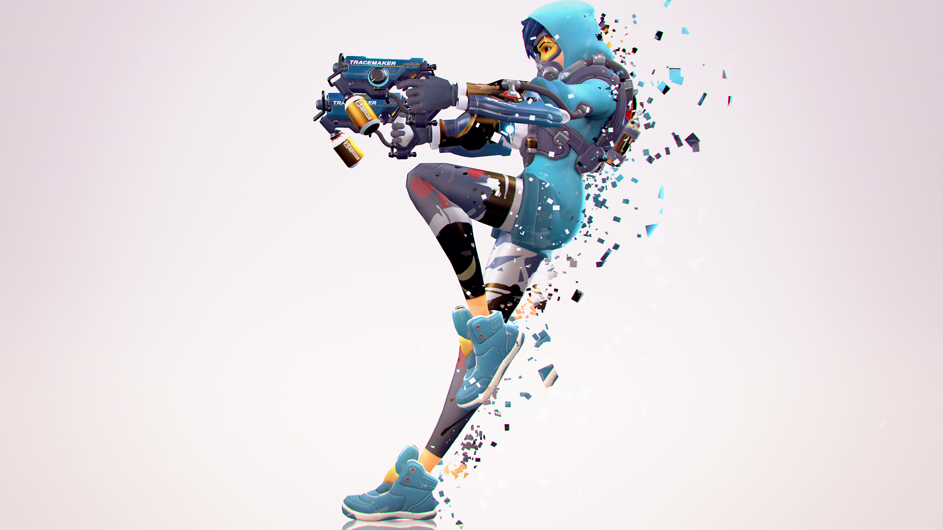 Tracer from Overwatch in dynamic action pose, featuring vibrant colors and pixelated effects, captured in a 4K Ultra HD video game desktop wallpaper.