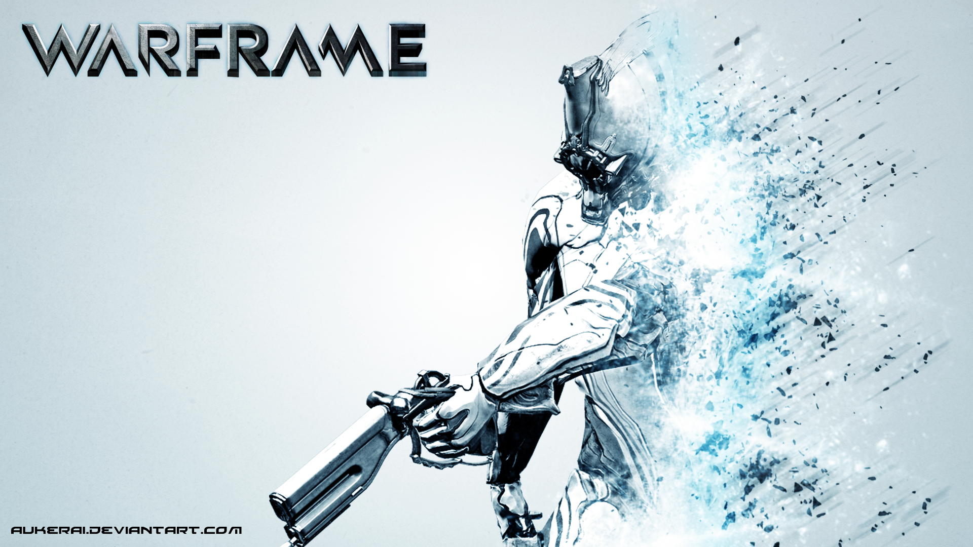 Warframe video game HD PC desktop wallpaper and background: white Warframe firing a pistol as blue particles disperse, Warframe logo in the top-left.