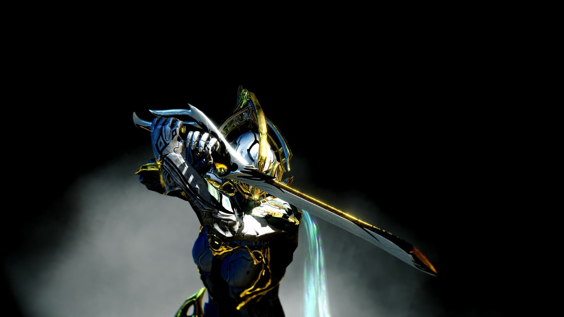 HD PC desktop wallpaper featuring a Warframe character in dynamic pose, set against a dark background with glowing blue and gold accents from the video game Warframe.