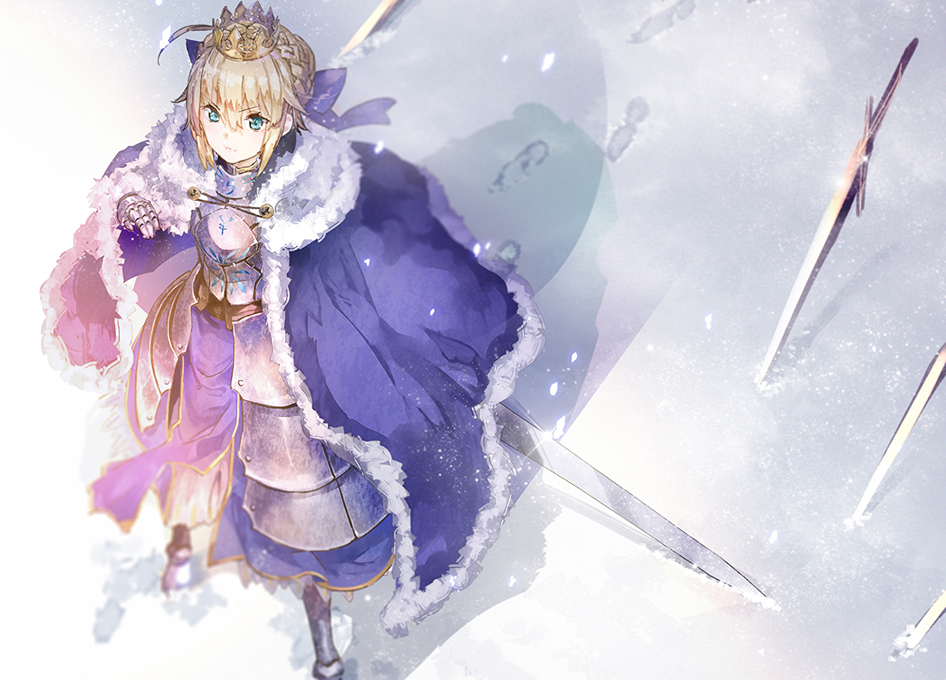 HD desktop wallpaper featuring Saber from Fate/Grand Order. Saber, dressed in a regal blue and white outfit, stands amid a snowy landscape with swords embedded in the ground around her.