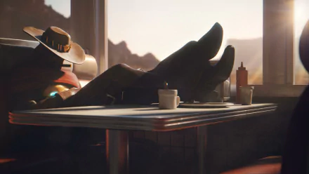 HD desktop wallpaper featuring Jesse McCree from Overwatch, lounging in a diner booth with his feet up on the table and his hat tilted, set against a sunlit background.