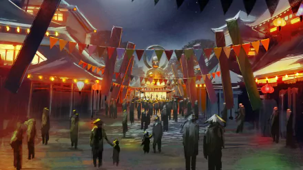 HD PC desktop wallpaper depicting a vibrant nighttime festival scene from the video game Shadow Tactics: Blades Of The Shogun.