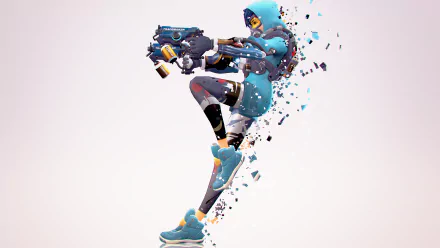 Tracer from Overwatch in dynamic action pose, featuring vibrant colors and pixelated effects, captured in a 4K Ultra HD video game desktop wallpaper.