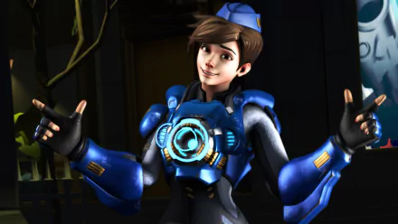 Tracer (Overwatch) in a blue suit with a glowing chronal core, smiling and gesturing — 4K Ultra HD PC desktop wallpaper from the video game Overwatch.