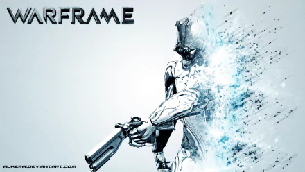 Warframe video game HD PC desktop wallpaper and background: white Warframe firing a pistol as blue particles disperse, Warframe logo in the top-left.