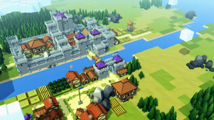 HD wallpaper of a vibrant Kingdoms and Castles game scene featuring a medieval town with a castle, houses, and farmland by a river.
