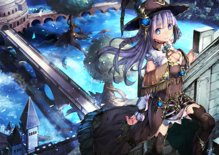 Anime-style original HD desktop wallpaper featuring a detailed character with long purple hair and a fantasy-themed background with a bridge and glowing blue water.