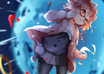 HD desktop wallpaper featuring Mirai Kuriyama from the anime Beyond the Boundary. Mirai, with her signature red glasses and flowing hair, stands against a dynamic, colorful background.