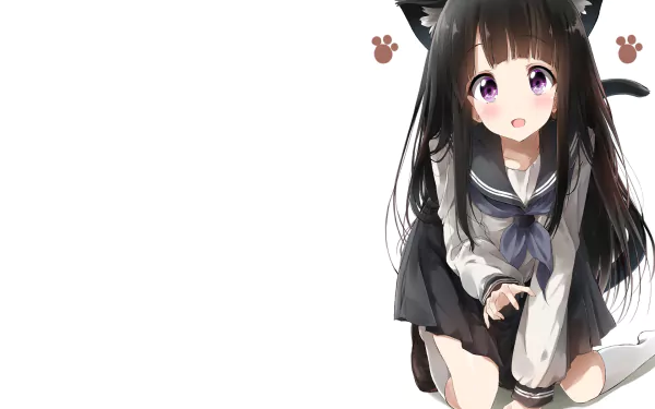 HD anime desktop wallpaper of Eru Chitanda from Hyouka, featuring her in a school uniform with cat ears and paws on a white background.