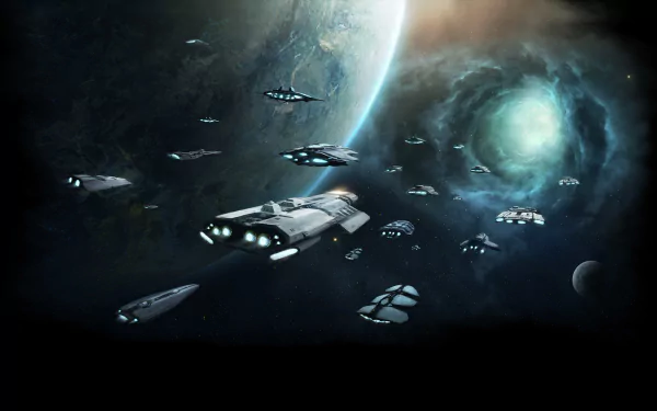 HD PC desktop wallpaper from the video game Stellaris: a fleet of sleek spaceships approaches a glowing wormhole beside a blue-green planet.