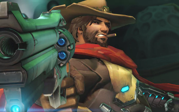 HD PC desktop wallpaper featuring Jesse McCree from Overwatch aiming his revolver with a confident smile, wearing his signature hat and red scarf.