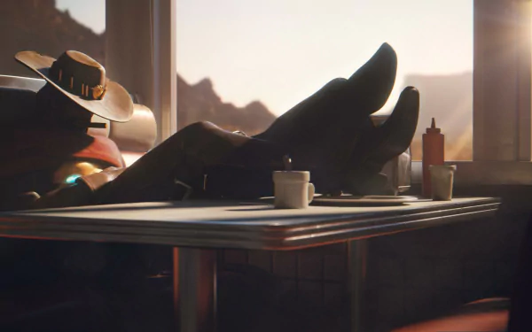 HD desktop wallpaper featuring Jesse McCree from Overwatch, lounging in a diner booth with his feet up on the table and his hat tilted, set against a sunlit background.