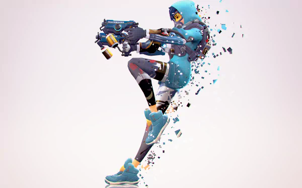 Tracer from Overwatch in dynamic action pose, featuring vibrant colors and pixelated effects, captured in a 4K Ultra HD video game desktop wallpaper.