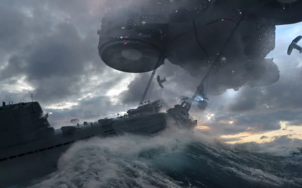 Dramatic 4K Ultra HD wallpaper from Wolfenstein II: The New Colossus featuring a submarine battling stormy seas under a dark, cloudy sky.