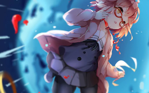 HD desktop wallpaper featuring Mirai Kuriyama from the anime Beyond the Boundary. Mirai, with her signature red glasses and flowing hair, stands against a dynamic, colorful background.