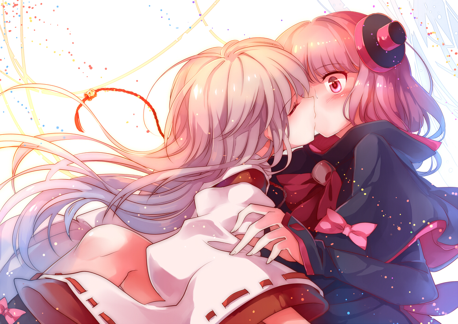 Yuri Embrace: Pink & White Hair Kiss HD Wallpaper by kaze