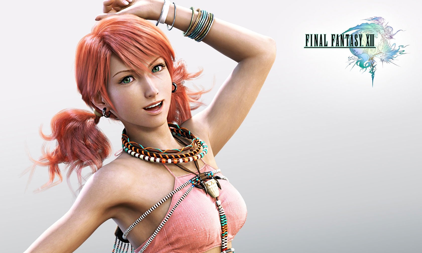 HD PC desktop wallpaper featuring a vibrant character from the video game Final Fantasy XIII with a light background and the game's logo.