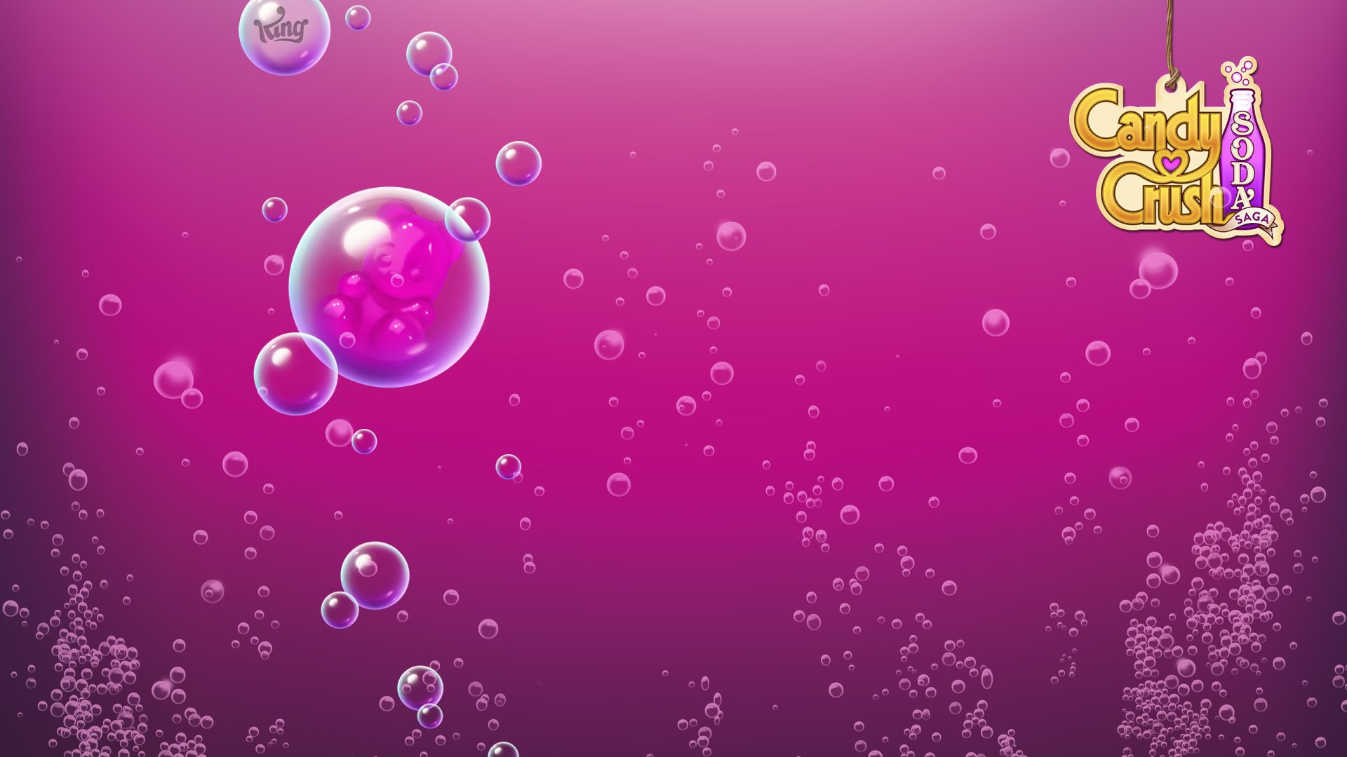 Candy Crush Soda Saga video game 2K Quad HD PC desktop wallpaper: magenta soda gradient with floating bubbles and the game's logo.