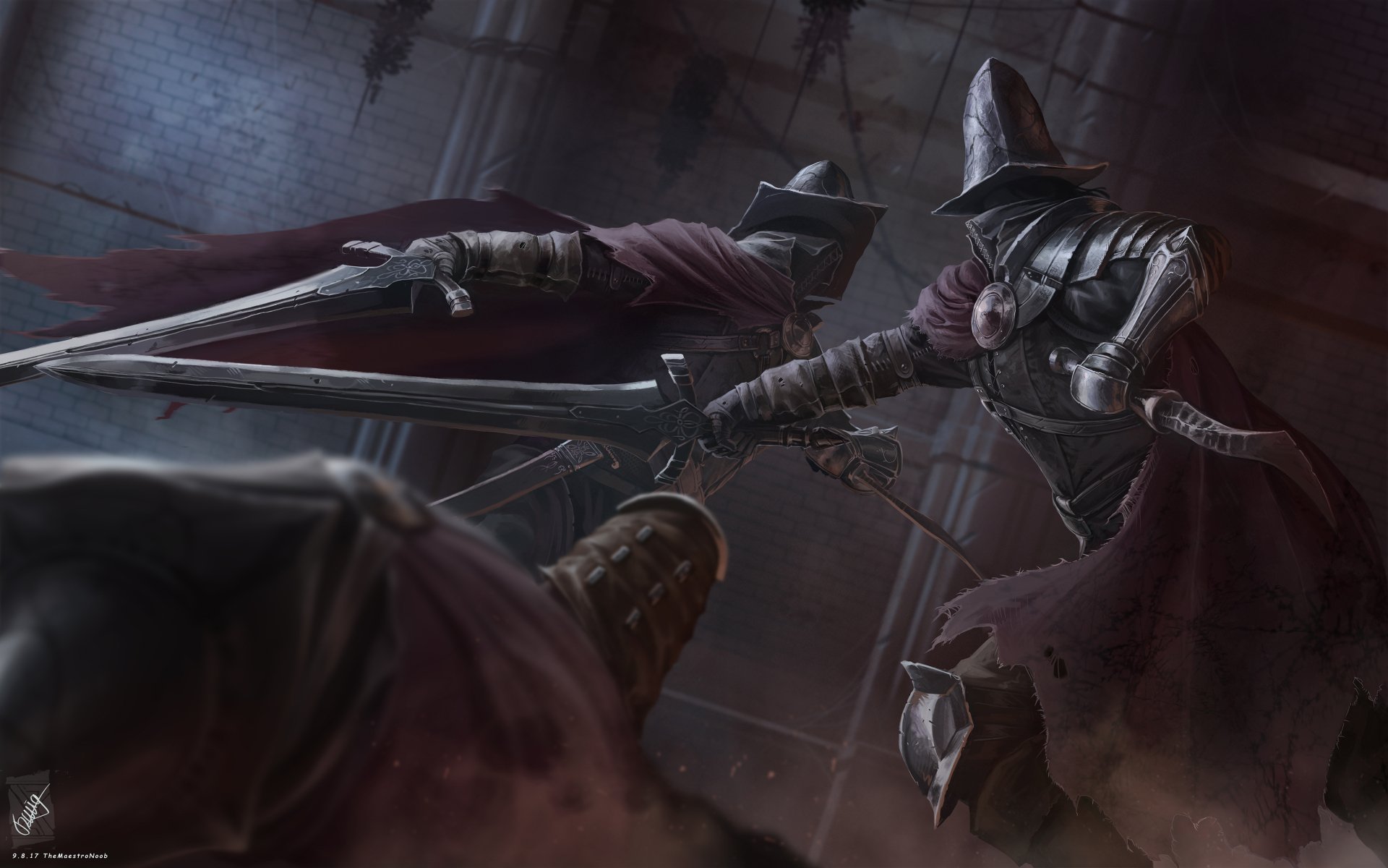 HD desktop wallpaper featuring a dramatic fight scene between armored warriors wielding daggers and swords, inspired by the video game Dark Souls.