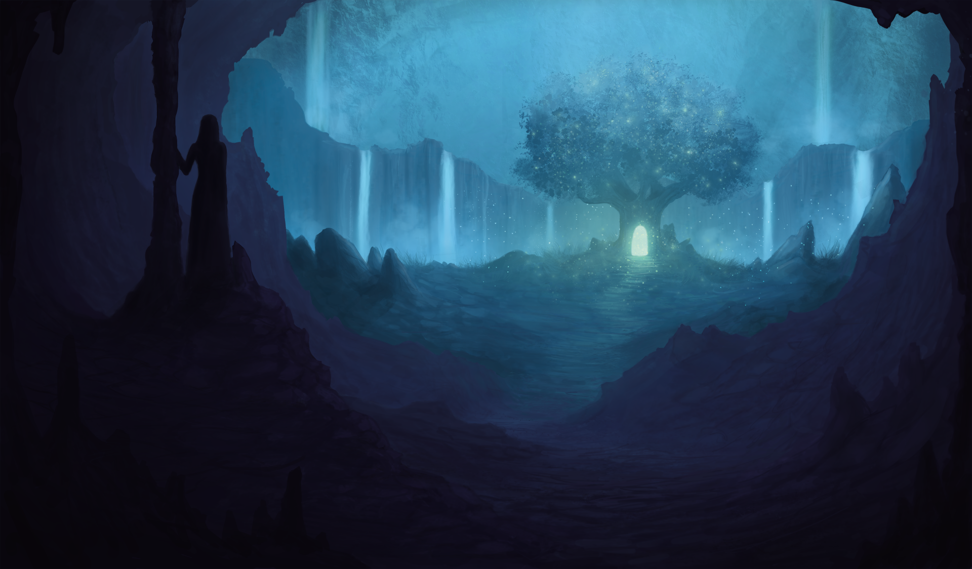 A mystical night landscape featuring a glowing tree beside cascading waterfalls and a winding path, rendered in stunning 8K Ultra HD detail for a fantasy desktop wallpaper.