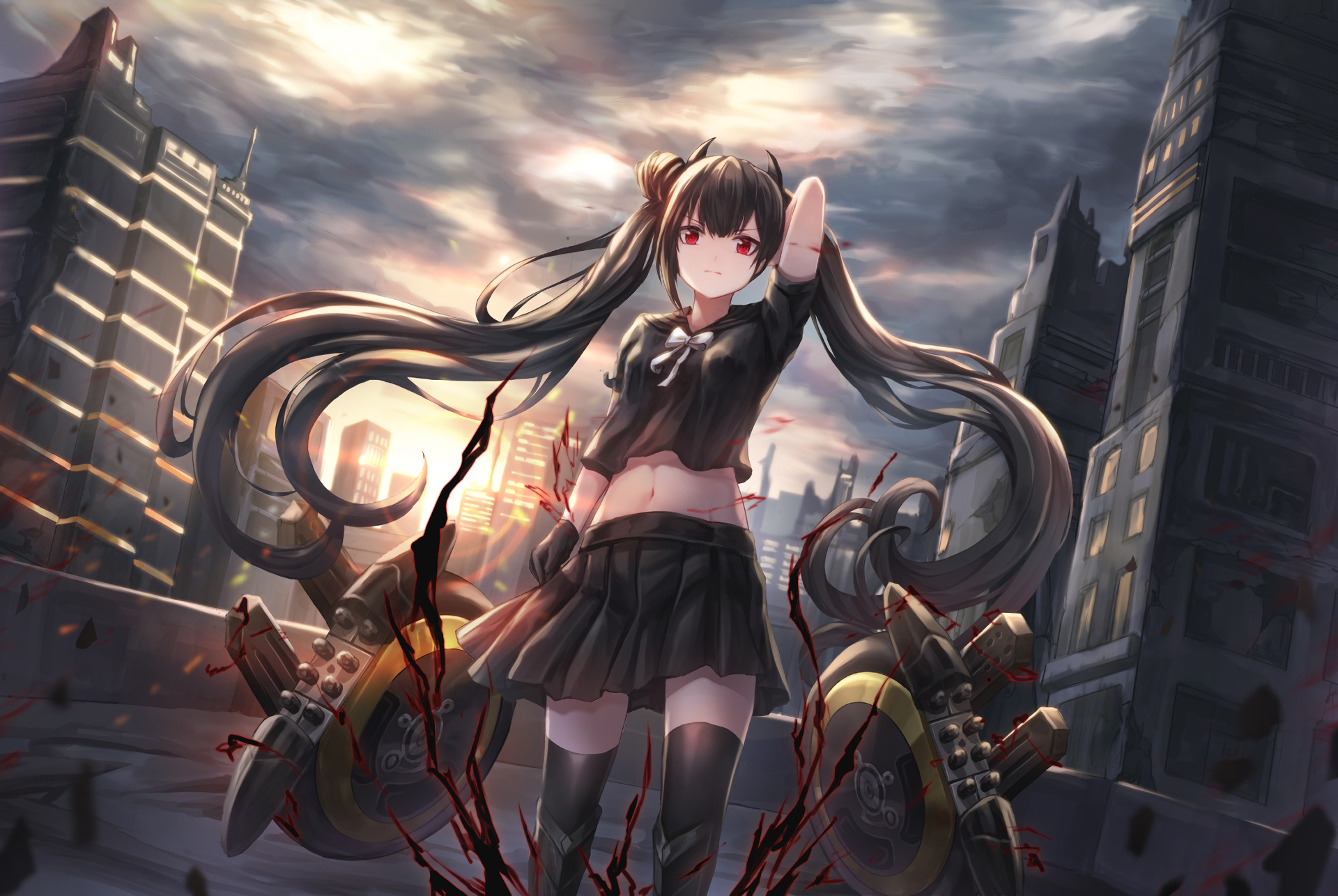 HD PC desktop wallpaper featuring Ouroboros from the video game Girls Frontline, depicted with twin tails in a post-apocalyptic urban setting.