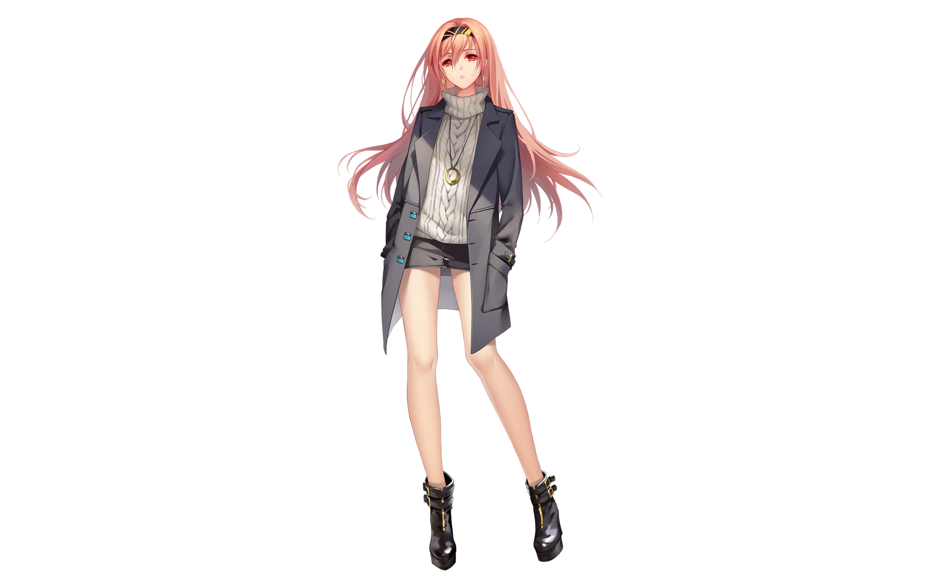 HD PC desktop wallpaper featuring a detailed anime character from Sangai Senki with long pink hair, wearing a dark coat and stylish boots.