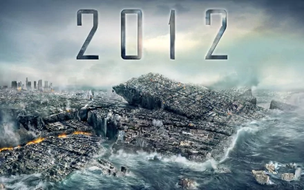 A dramatic HD wallpaper from the movie 2012, showcasing a cityscape in turmoil with towering waves and destruction under a stormy sky.