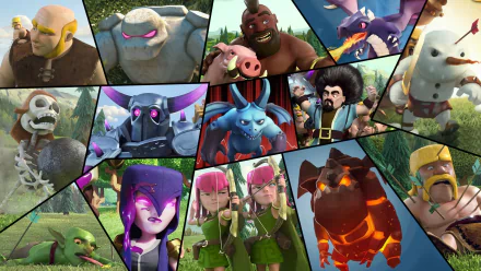 HD desktop wallpaper featuring characters from the video game Clash of Clans, arranged in a colorful and dynamic collage.