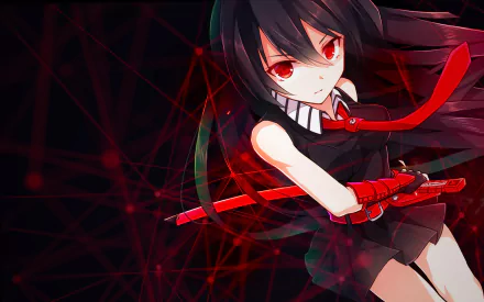 HD desktop wallpaper featuring Akame from the anime Akame Ga Kill!, poised for action against a dark, dynamic background with red accents.