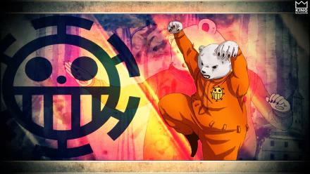 HD desktop wallpaper featuring Bepo from the anime One Piece in an action pose with the Heart Pirates symbol in the background.