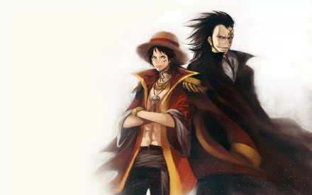 HD desktop wallpaper featuring Monkey D. Luffy and Dragon from the anime One Piece, standing together with confident expressions in front of a gradient background.