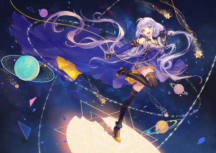 HD PC desktop wallpaper featuring Stardust from Vocaloid, depicted in a vibrant anime style with cosmic elements and swirling planetary motifs.
