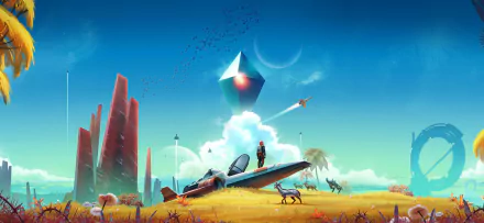 HD desktop wallpaper of the video game No Man's Sky, featuring a spacecraft and explorer on an alien planet with unique flora and fauna, under a sky dominated by a towering, mysterious structure.