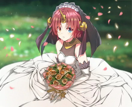 Berserker of Black from Fate/Apocrypha in an anime-style HD desktop wallpaper, dressed in a white gown holding a bouquet of roses with petals falling around.