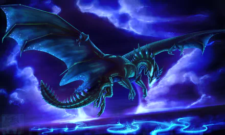 HD fantasy desktop wallpaper featuring a majestic blue dragon soaring through a stormy, cloud-filled sky illuminated by glowing magical symbols below.