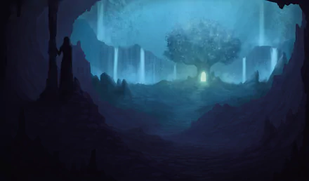 A mystical night landscape featuring a glowing tree beside cascading waterfalls and a winding path, rendered in stunning 8K Ultra HD detail for a fantasy desktop wallpaper.