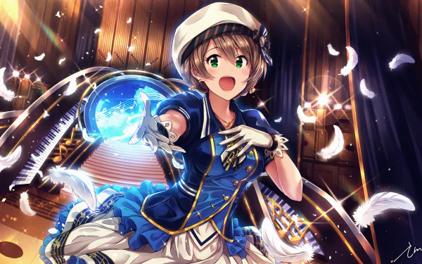 HD anime desktop wallpaper featuring Kaori Sakuramori from THE iDOLM@STER: Million Live!, depicted with a dynamic pose, vibrant colors, and glowing musical elements.