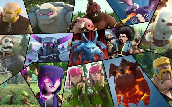 HD desktop wallpaper featuring characters from the video game Clash of Clans, arranged in a colorful and dynamic collage.