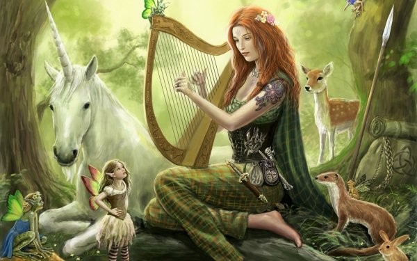 Fantasy Women Fairy Harp Unicorn Tattoo Redhead Barefoot HD Wallpaper | Background Image