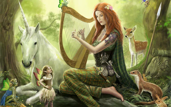 A fantasy HD wallpaper featuring a barefoot redhead woman with a tattoo, playing a harp. Surrounding her are a unicorn, fairies, and woodland animals in an enchanting forest setting.