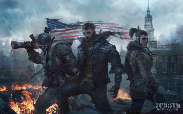 HD PC wallpaper from Homefront: The Revolution shows three armed American warriors standing defiantly with a tattered flag amidst a war-torn cityscape.