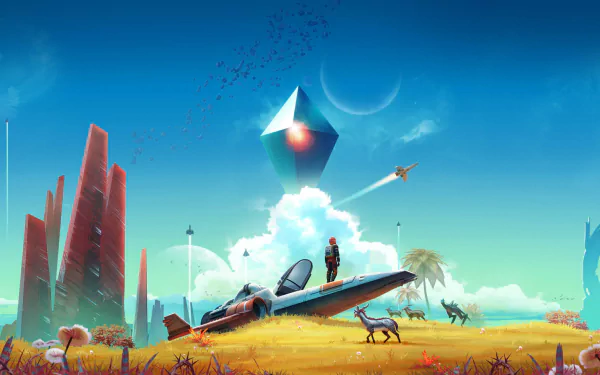 HD desktop wallpaper of the video game No Man's Sky, featuring a spacecraft and explorer on an alien planet with unique flora and fauna, under a sky dominated by a towering, mysterious structure.